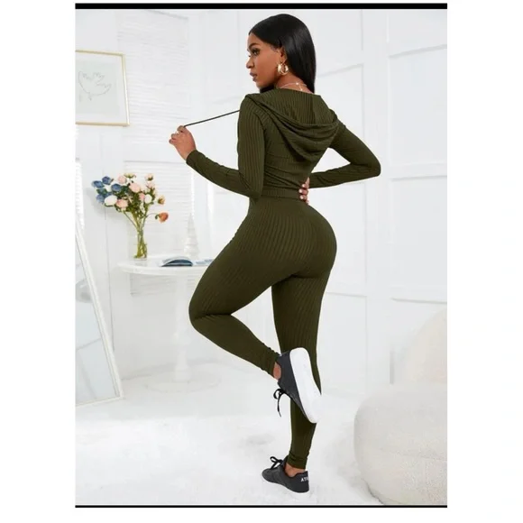 Shein SXY Rib-Knit-O-Ring Zipper Drawstring Hoodie & Leggings - Picture 3 of 10